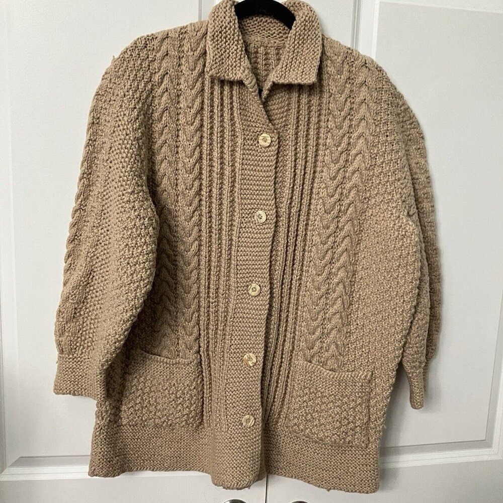 Vintage Handmade Sweater Heavy Wool Tan Chunky‎ Cardigan Collared Grandpa Granny